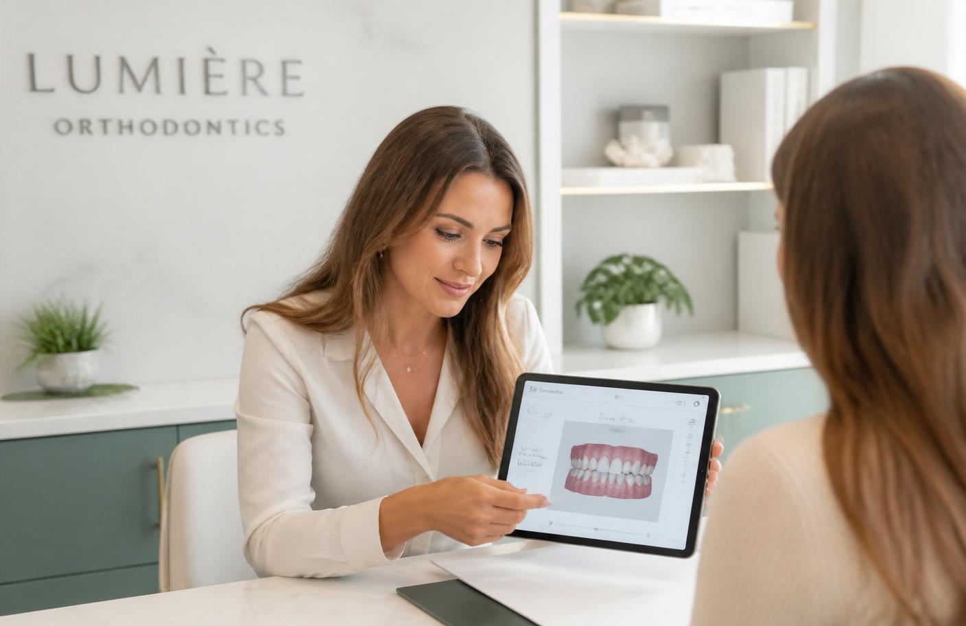Orthodontist reviewing 3D treatment plan with patient